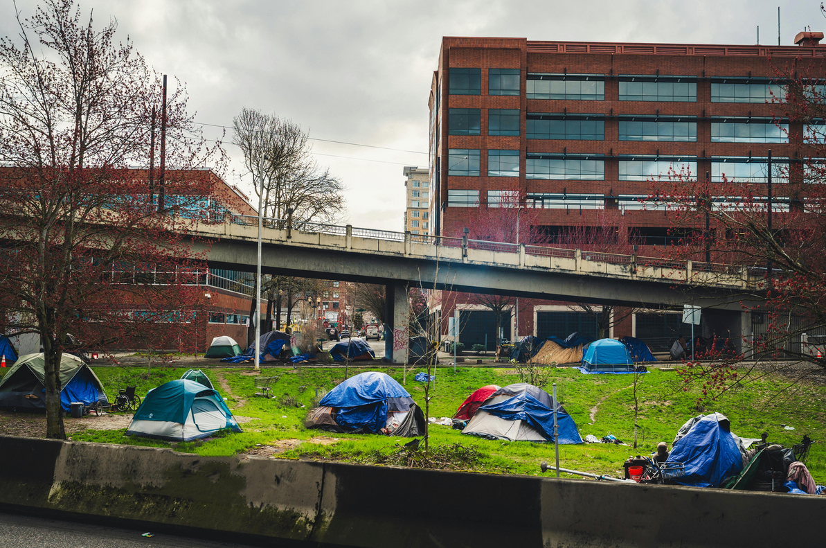 Outdoor view of tents pitched on green grass under an overpass, highlighting efforts to support homeless communities.