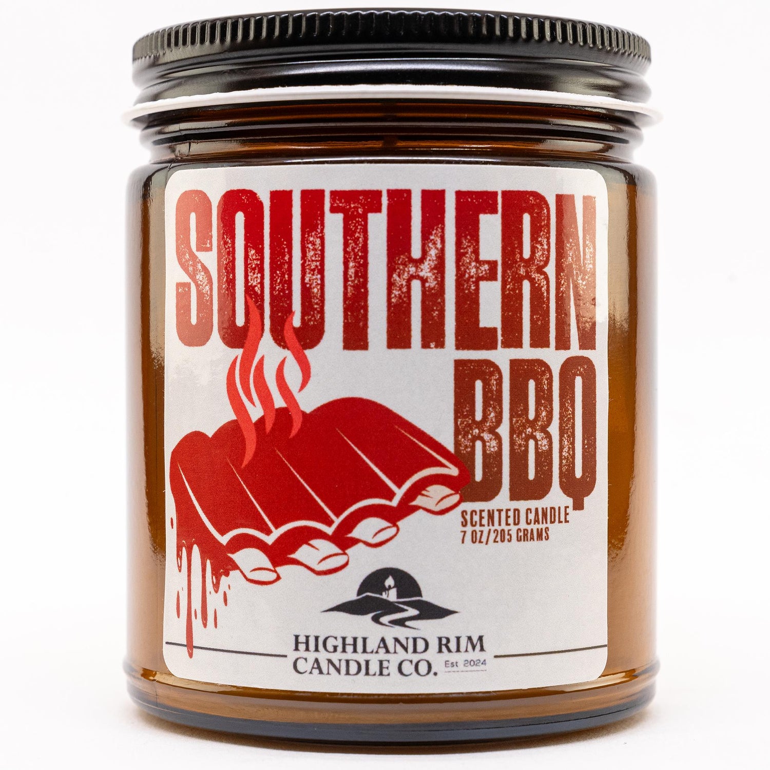 Highland Rim Candle Co. Southern BBQ candle close-up, with a bold red design evoking the spirit of Southern barbecue.